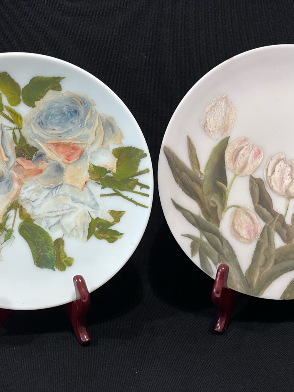 Antique 1900’s Flowers Painting on Hand Blown Milk Glass Plates Set of 2 Rare